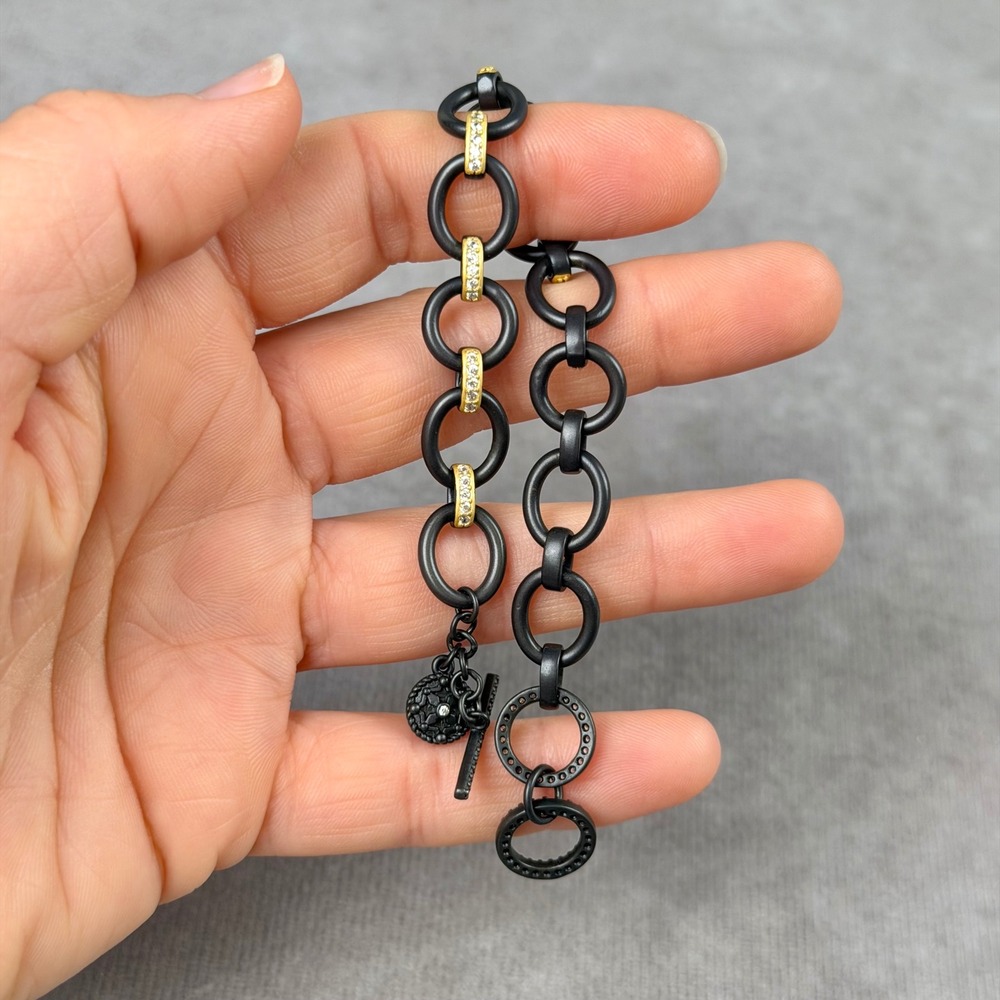 Freida Rothman Black Rhodium Sterling Silver Gold Pave CZ Link Toggle Bracelet